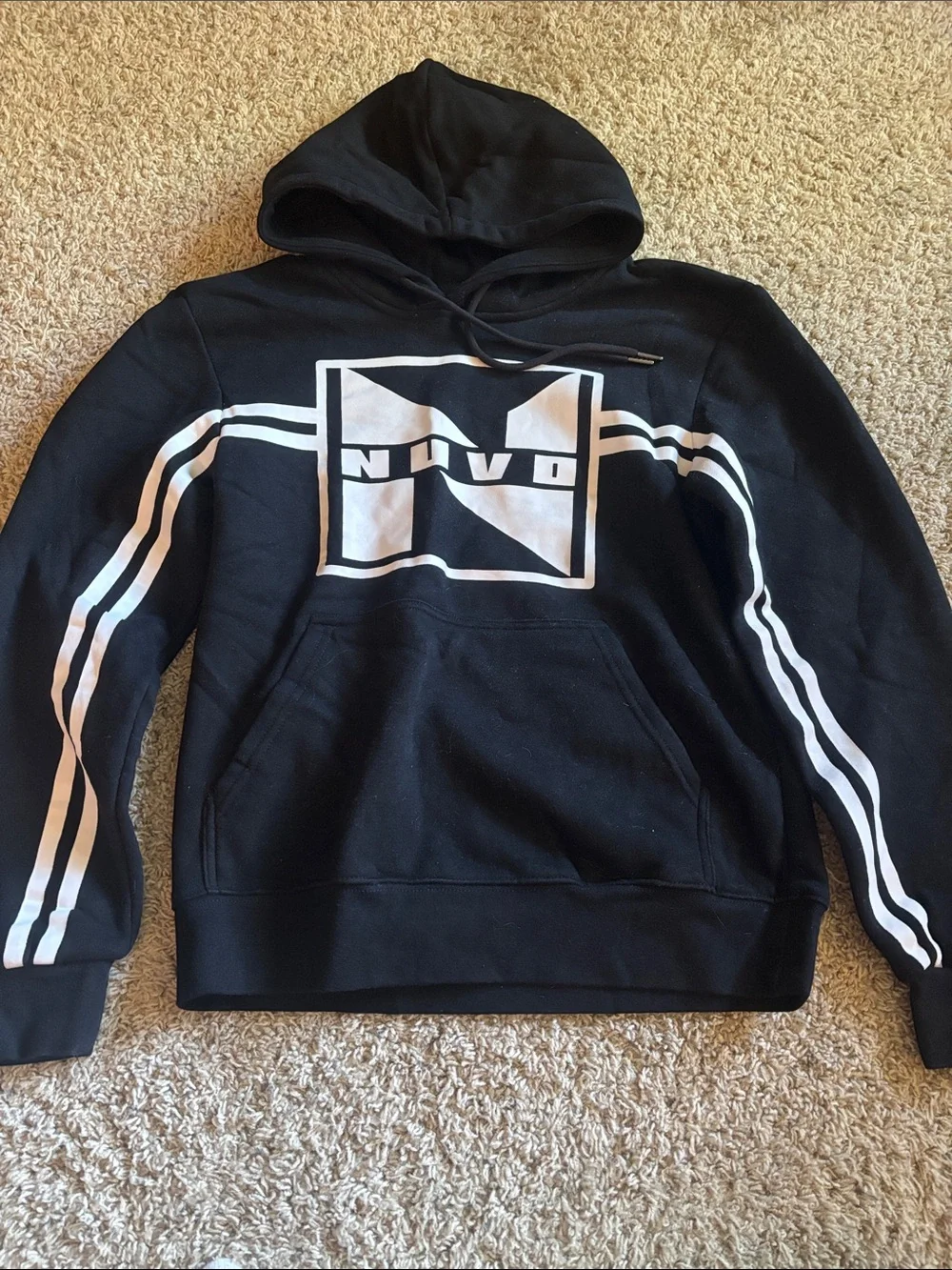 Black Crewneck Hooded Sweatshirt with White Stripes